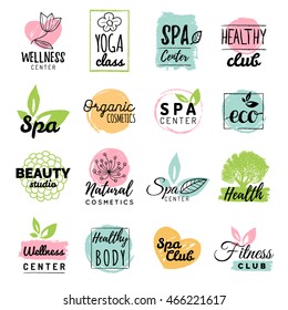 Vector health and beauty care logos or labels. Spa, yoga center badges. Wellness signs. Hand drawn tags and elements set for organic cosmetics, natural products.