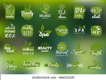 Vector health and beauty care logos or labels. Spa, yoga centers badges. Wellness signs. Hand drawn tags and elements set for organic cosmetics, natural products.