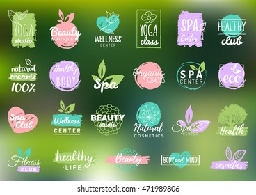 Vector health and beauty care logos or labels. Spa, yoga centers badges. Wellness signs. Hand drawn tags and elements set for organic cosmetics, natural products.