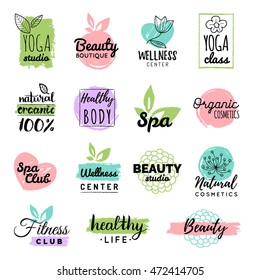 Vector health and beauty care logos or labels. Spa, yoga centers badges. Wellness signs. Hand drawn tags and elements set for organic cosmetics, natural products.