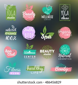 Vector health and beauty care logos or labels. Spa, yoga centers badges. Wellness signs. Hand drawn tags and elements set for organic cosmetics, natural products.