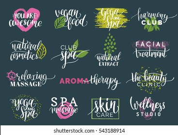 Vector health and beauty care logos or labels. Spa, yoga centers badges. Wellness signs. Hand drawn tags and elements set for organic cosmetics, natural products.