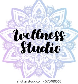 Vector health and beauty care logos or labels. Spa, yoga centers badges. Wellness signs. Hand drawn tags and elements set for organic cosmetics, natural products with mandala oriental background.