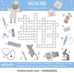 Vector health care crossword puzzle. Medicine quiz for children. Educational holiday activity with cute medical equipment and doctor