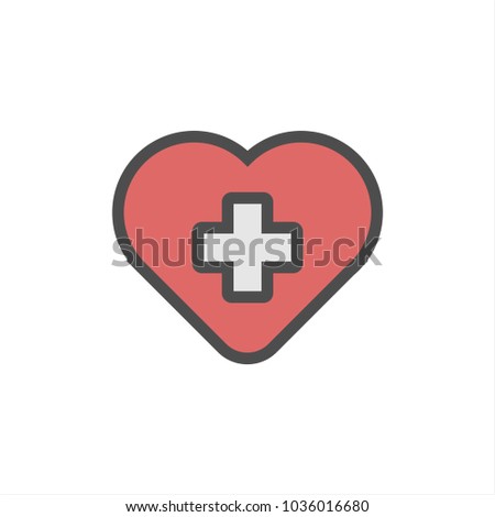 Vector health care icon, white cross in red flat outlined heart