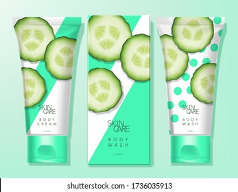 Vector Health Care, Medical or Beauty Skincare Tube Packaging with Carton Box. Cucumber Theme Pattern Printed.