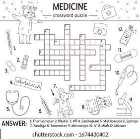 Vector health care outline crossword puzzle. Medicine quiz for children. Educational holiday activity with cute medical equipment and doctor. Fun coloring page for kids