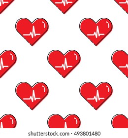 Vector health care seamless pattern in trendy linear style. Red heart with heart beat