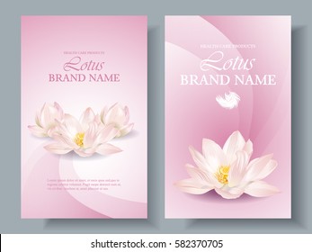 Vector health care vertical banners with white lotus on pink. Design for natural cosmetics, women hygiene products, soap and napkins. Can be used as yoga center and ayurveda products background