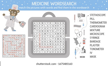 Vector health care wordsearch puzzle with pictures. Medicine quiz for children. Educational crossword activity with cute medical equipment and doctor