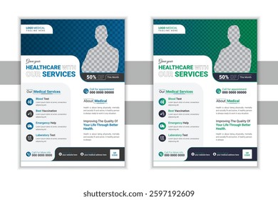 Vector Health creative colorful Medical flyer design template, abstract care flyer, vector design, poster. a4 flyer template of 2 templates in different colors. Vector illustrations for Flyer 2025.