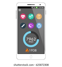 Vector Health And Fitness Smart Phone Application Featuring Taskbar, Step Counter, Burned Calorie Counter, and Six Buttons (Heart Rate, Steps, Food Tracker, Distance, Sleep Analysis, and Stopwatch).
