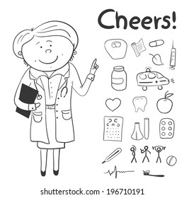 Vector health icons, doodle ilustration with woman doctor, black and white illustration