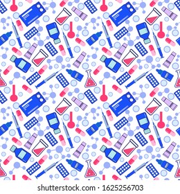 vector health seamless pattern illustration. Background with medicine and pharmacy items. Wallpaper of chemistry laboratory equipment. 