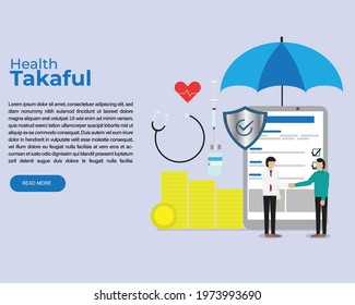 A vector of health takaful concept. Tablet for online sign up and shield symbol as your protected. Men dealing and agree. Stack of coin symbol as income protection. Medical equipment for coverage