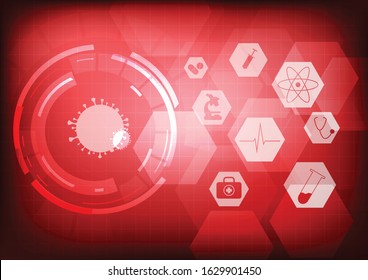 Vector : Healthcare items with virus on red background