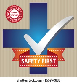 Vector : Healthcare or Medical Service Concept Present By Blue Glossy Style Cross Sign With Check Mark and Safety First Ribbon in Brown Background