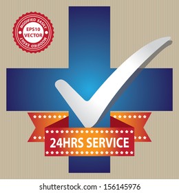 Vector : Healthcare or Medical Service Concept Present By Blue Glossy Style Cross Sign With Check Mark and Red 24 HRS Service Ribbon in Brown Background