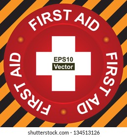Vector : Healthcare or Medical Sign For First Aid Sign Present By White Cross and First Aid Text Around With Red Circle Icon in Caution Zone Dark and Yellow Background