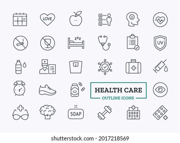 Vector healthcare thin line icon set with sign of doctor, patient, clinic, first aid kit, checklist, daily regimen