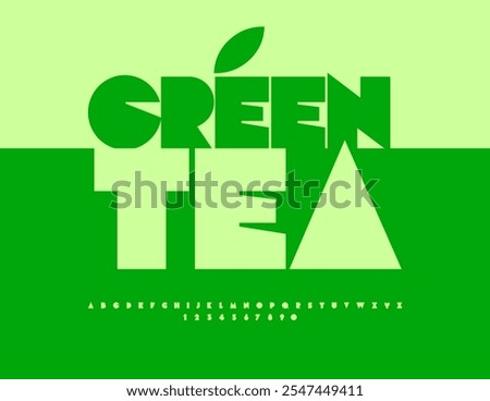 Vector healthy badge Green Tea with decorative Leaf. Modern Artistic Font. Decorative Alphabet Letters and Numbers set. 