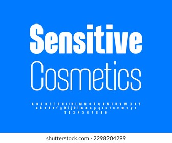 Vektor gesunde Banner Sensitive Kosmetik. Elegante Schriftart. Zeichensatz, Zahlen und Symbole von weißen Alphabeten