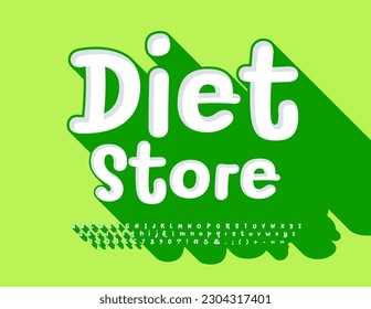 Vector concepto saludable Tienda de dieta. Fuente 3D manuscrita. Letras, números y símbolos de alfabeto blanco y verde de estilo creativo
