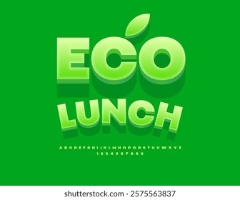 Vector Healthy concept Eco Lunch with Decorative Leaf. 3D Modern Font. Green Alphabet Letters and Numbers set.