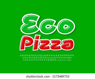 Concepto vectorial saludable Eco Pizza. Fuente artística verde. Conjunto manuscrito de letras, números y símbolos alfabéticos