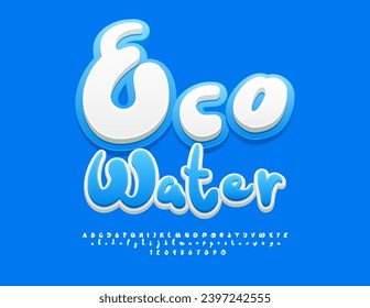 Concepto vectorial saludable Agua Eco. Fuente luminosa blanca y azul. Graciosas letras de alfabeto, números y símbolos escritos a mano.