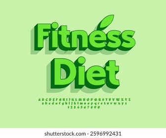 Vector healthy concept Fitness Diet. Bright Green Font. Artistic 3D Alphabet Letters and Numbers set.