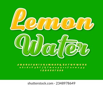 Vector concepto saludable Lemon Water. Fuente cursiva amarilla. Conjunto artístico de letras y números alfabetos escritos a mano