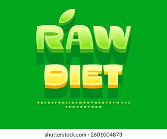 Vector Healthy concept Raw Diet. Stylish Green 3D Font. Fashion Alphabet Letters and Numbers set.