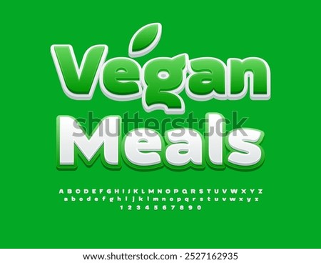 Vector healthy concept Vegan Meals. Stylish White and Green Font. Decorative Alphabet Letters and Numbers set.