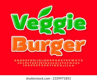 VectorGesundes Konzept Veggie Burger mit dekorativem Leaf. Moderne orangefarbene Schriftart. Satz heller Alphabet-Buchstaben, Zahlen und Symbole