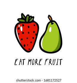 Vector Healthy Eating card with hand drawn ripe pear and juicy strawberry. Beautiful food design elements, ink drawing