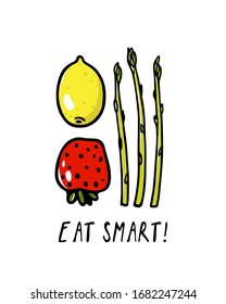 Vector Healthy Eating card with hand drawn ripe juicy fruits and asparagus. Beautiful food design elements, ink drawing. Healthy eating promotion