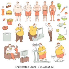 Vector healthy eating and sportive lifestyle characters and food and unhealthy fastfood diet and obesity men. Obese people with belly fat suffering from overweight, fit handsome men collection.