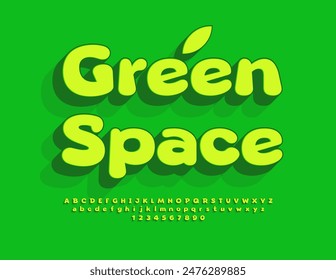 Vector healthy emblem Green Space. Trendy Green 3D Font. Decorative Alphabet Letters and Numbers set.