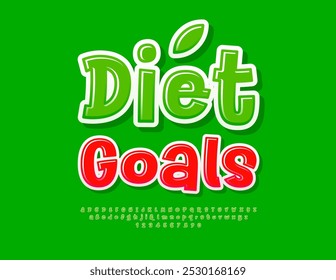 Vector de volante saludable Diet Goals. Fuente brillante verde. Conjunto de letras y números del alfabeto artístico.