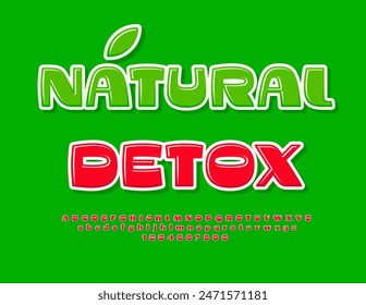 Vector healthy flyer Natural Detox. Glossy Red Font. Modern Alphabet Letters and Numbers set.