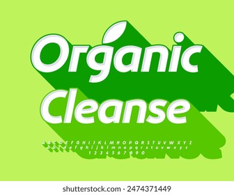Vector saludable flyer Organic Cleanse. Fuente 3D elegante con sombra verde grande. Conjunto artístico de letras y números de alfabeto brillante.