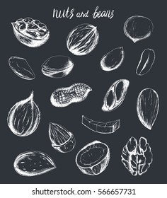 Vector healthy food big collection with nuts and seeds. Hand drawn vintage illustration in sketch style for print, wrapping, fabric , menu and other design.White on dark.