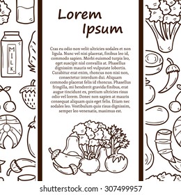 Vector healthy food concept with objects and seamless background in hand drawn style on paleo diet theme: meat, fish, fruits, vegetables, spices, nuts for your design