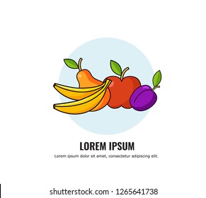 Vector of Healthy Food design with fruits: banana, apple, pear, prunes. Vector illustrationt for menu infographic, food service, dairy, beverages, gastronomy, health food, logo and pack.