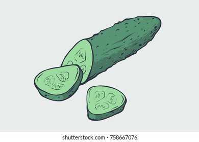 Vector healthy food illustration. Cucumber hand drawn sign. Good for leaflets, cards, posters, prints, menu.