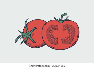 Vector healthy food illustration. Tomato hand drawn sign. Good for leaflets, cards, posters, prints, menu.