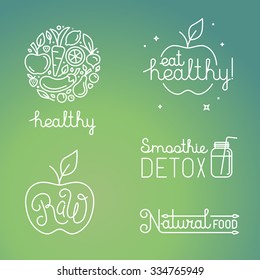 Vector healthy food and organic fruits concepts and logo design templates in trendy linear style - icons, signs and emblems related to vegan and raw organic food