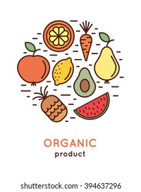 Vector healthy food and organic fruits concepts and logo design templates in trendy linear style