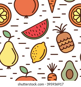 Vector healthy food and organic fruits and vegetables concepts and logo design templates in trendy linear style. Seamless pattern with fruit